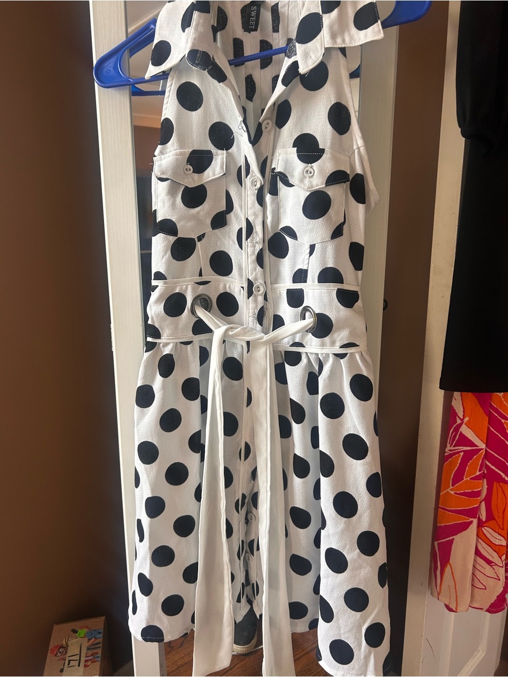 Polka Dot Sleeveless Shirt Dress — White with Black Dots, S, NWOT